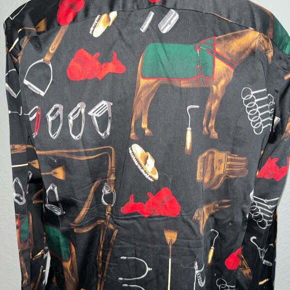 VINTAGE LAUREN RALPH LAUREN BLACK EQUESTRIAN PRINT BLOUSE SHIRT TOP  EUC - LARGE - Picture 7 of 12